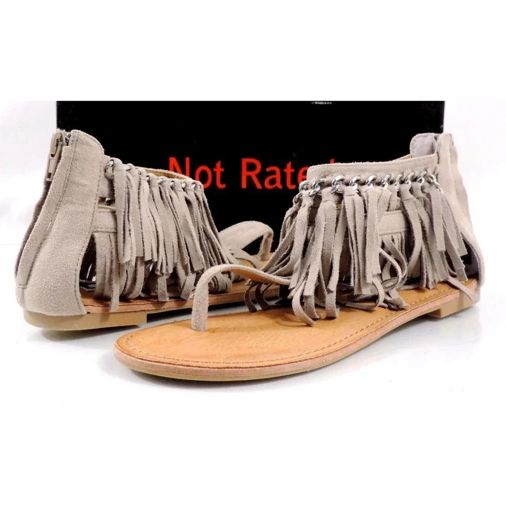 Not Rated Keep The Peace Fringe Flat Thong Sandals Taupe Size 6.5 - Picture 2 of 9
